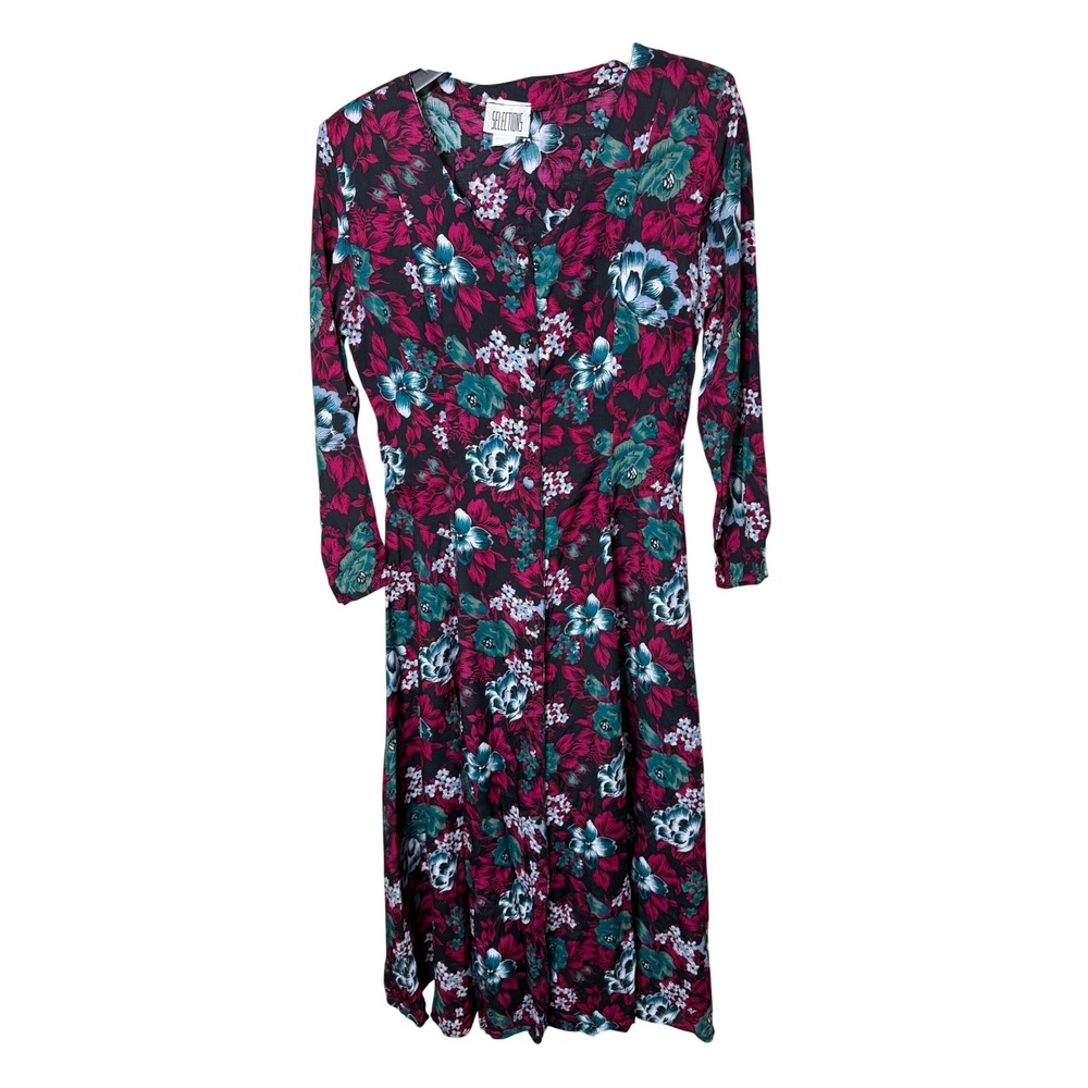 Vintage Selections Floral Midi Dress Womens Medium Black Pink Rayon Button Front